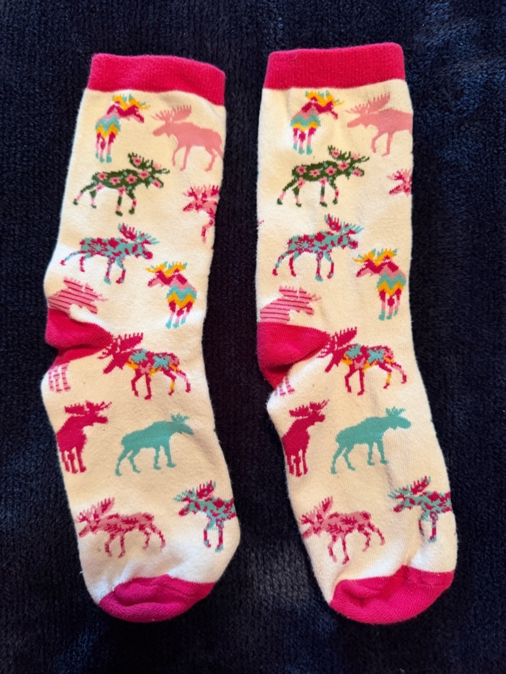 Cream Moose Crew Socks with Pink Accents